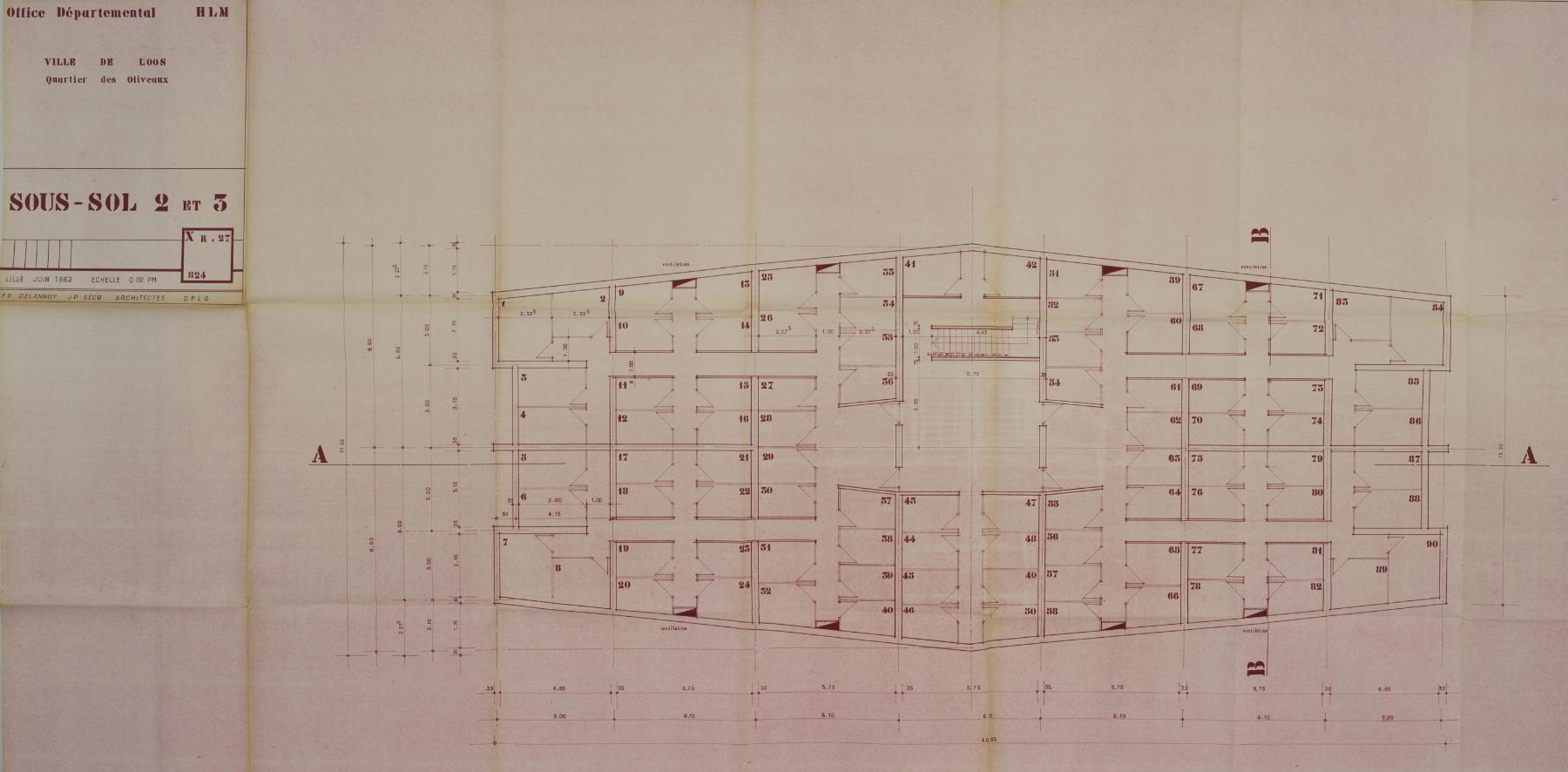 Plan des second et troisième sous-sols de la tour Kennedy, juin 1963, F.-P. Delannoy et J.-P. Secq (arch.) (AD 59 ; 1465 W 66).