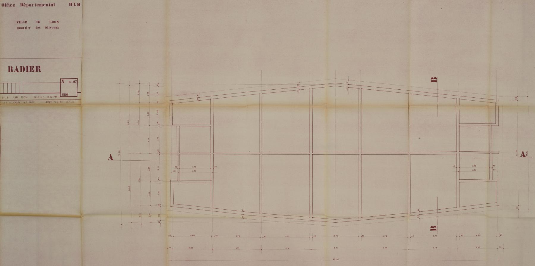 Plan du radier de la tour Kennedy, juin 1963, F.-P. Delannoy et J.-P. Secq (arch.) (AD 59 ; 1465 W 66).