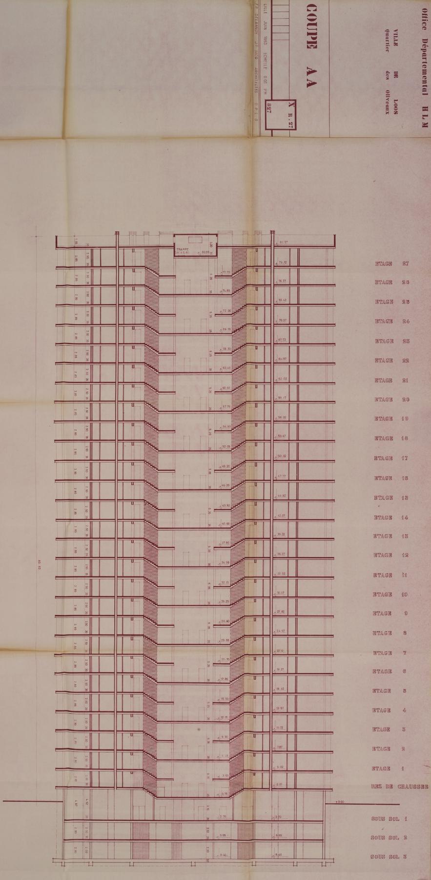 Coupe longitudinale de la tour Kennedy, juin 1963, F.-P. Delannoy et J.-P. Secq (arch.) (AD 59 ; 1465 W 66).