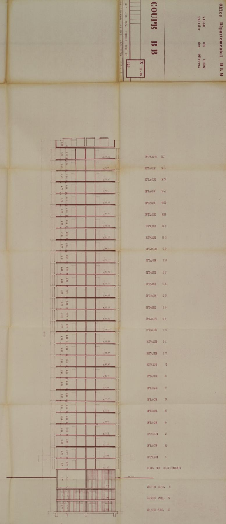 Coupe transversale de la tour Kennedy, juin 1963, F.-P. Delannoy et J.-P. Secq (arch.) (AD 59 ; 1465 W 66).