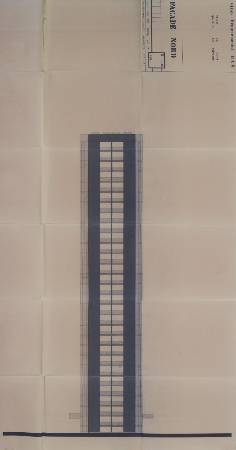 Façade nord de la tour Kennedy, juin 1963, F.-P. Delannoy et J.-P. Secq (arch.) (AD 59 ; 1465 W 66).