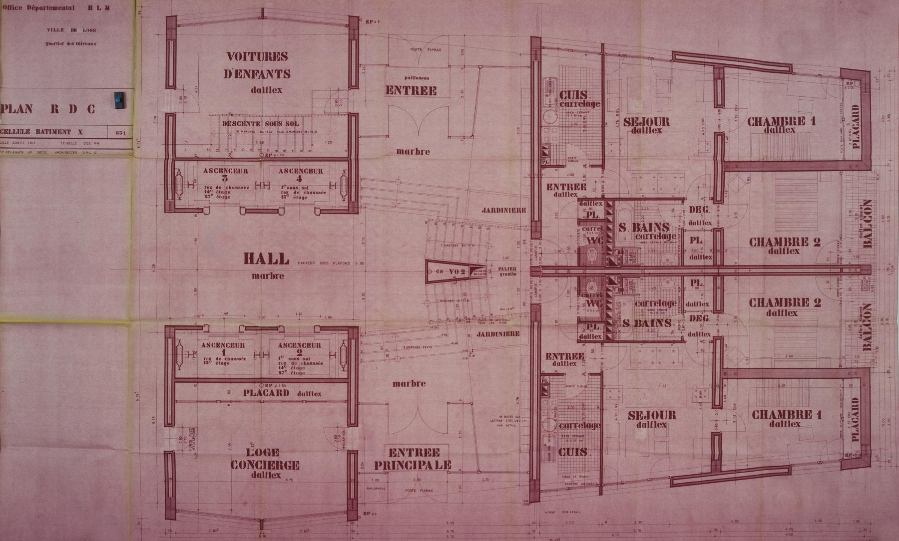 Plan détaillé d’une cellule du rez-de-chaussée de la tour Kennedy, juin 1963, F.-P. Delannoy et J.-P. Secq (arch.) (AD 59 ; 1465 W 66).