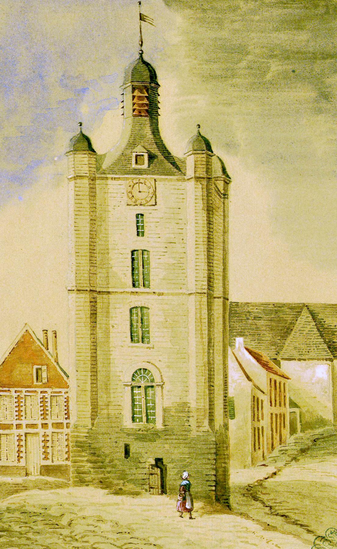 Le beffroi de Saint-Riquier d'après nature, Oswald Macqueron, 28 septembre 1851 (Abbeville, Archives et bibliothèque patrimoniale - fonds Macqueron ; AIL 141).