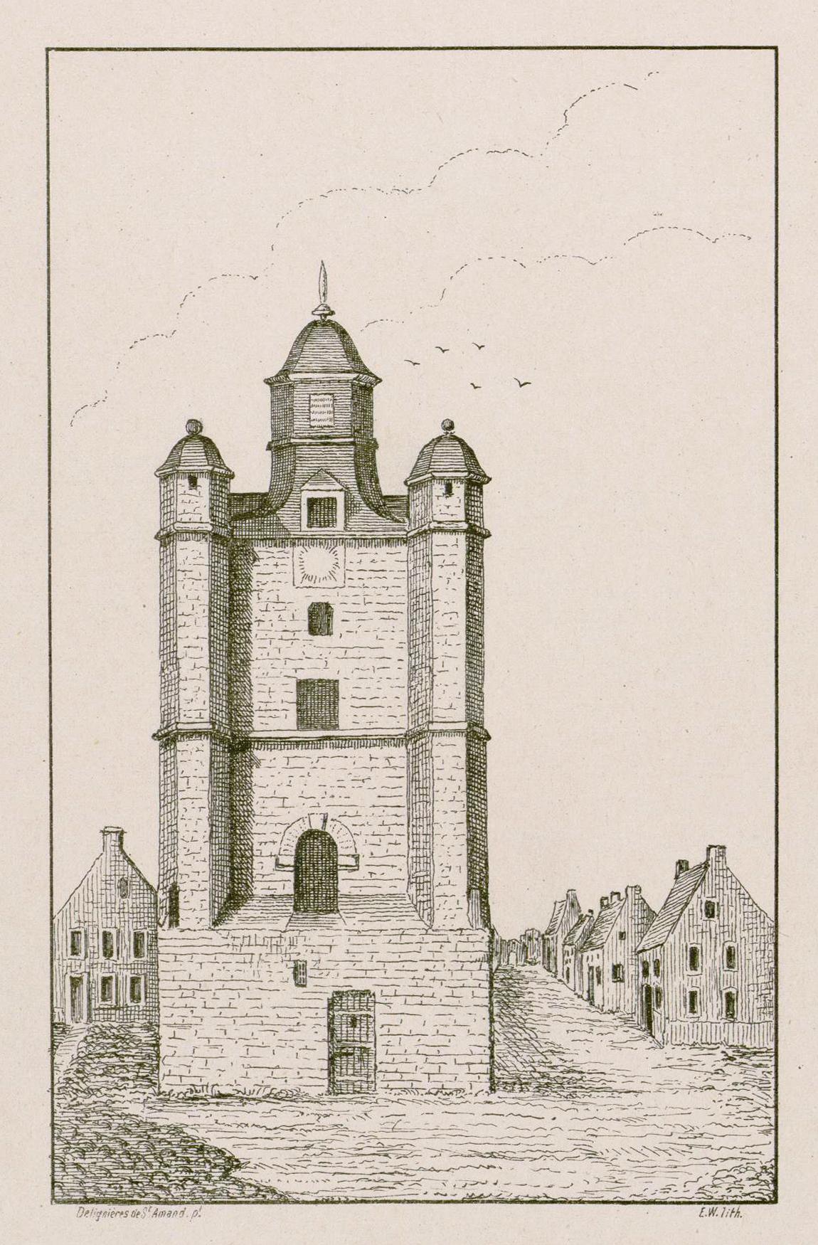 Le beffroi de Saint-Riquier par Delignières de Saint-Amand, 1812 (Abbeville, Archives et bibliothèque patrimoniale - fonds Delignière de Bommy et de Saint Amand ; AIL 142A). 