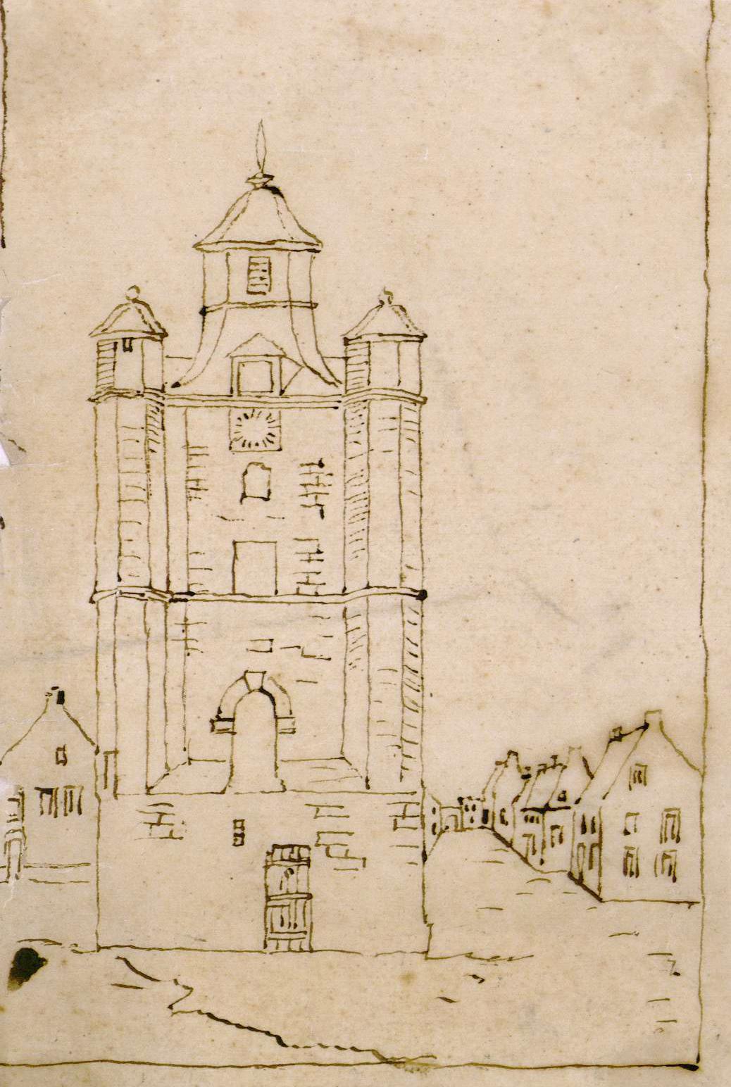 Le beffroi à à la fin du XVIIIe siècle (Abbeville, Archives et bibliothèque patrimoniale ; AIL 142A).