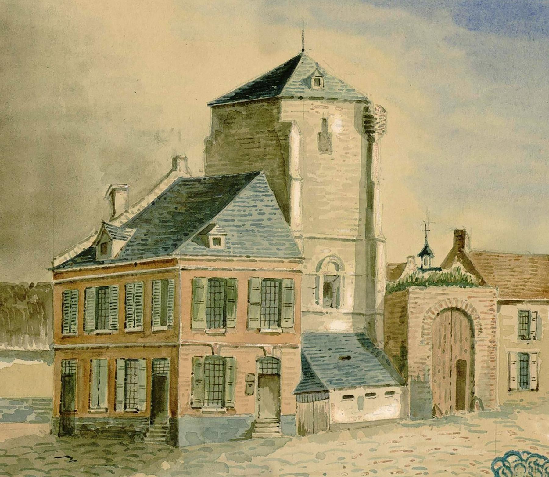 Le beffroi de Rue peint d'après nature le 19 juillet 1850, aquarelle, par Oswald Macqueron (Archives et bibliothèque patrimoniale d'Abbeville ; Rue 65).