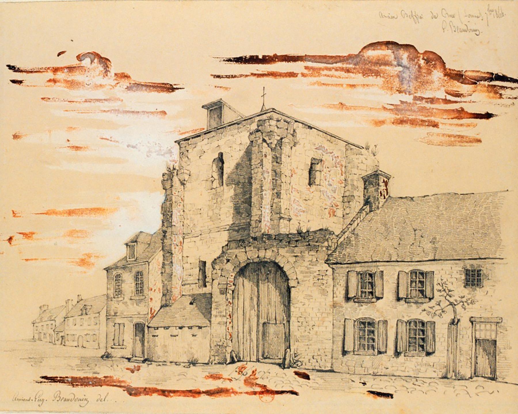 Ancien beffroi de Rue (Somme). Mine de plomb et gouache, par Eugène Baudouin, septembre 1844 (BnF ; Collection Destailleur, t. 4 : A 31289).