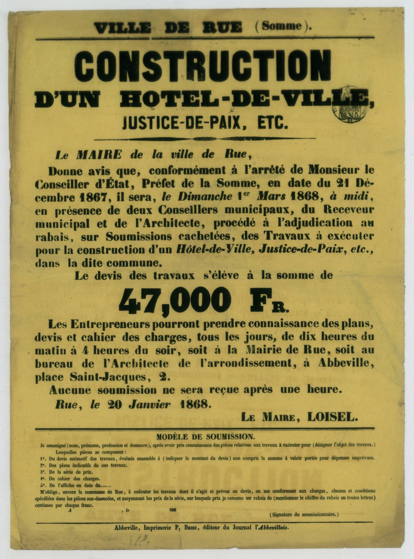 Affiche pour la mise en adjudication des travaux de construction de l'hôtel de ville de Rue qui sera effectuée le 1er mars 1868. 20 janvier 1868. (AC Rue ; n.c.)