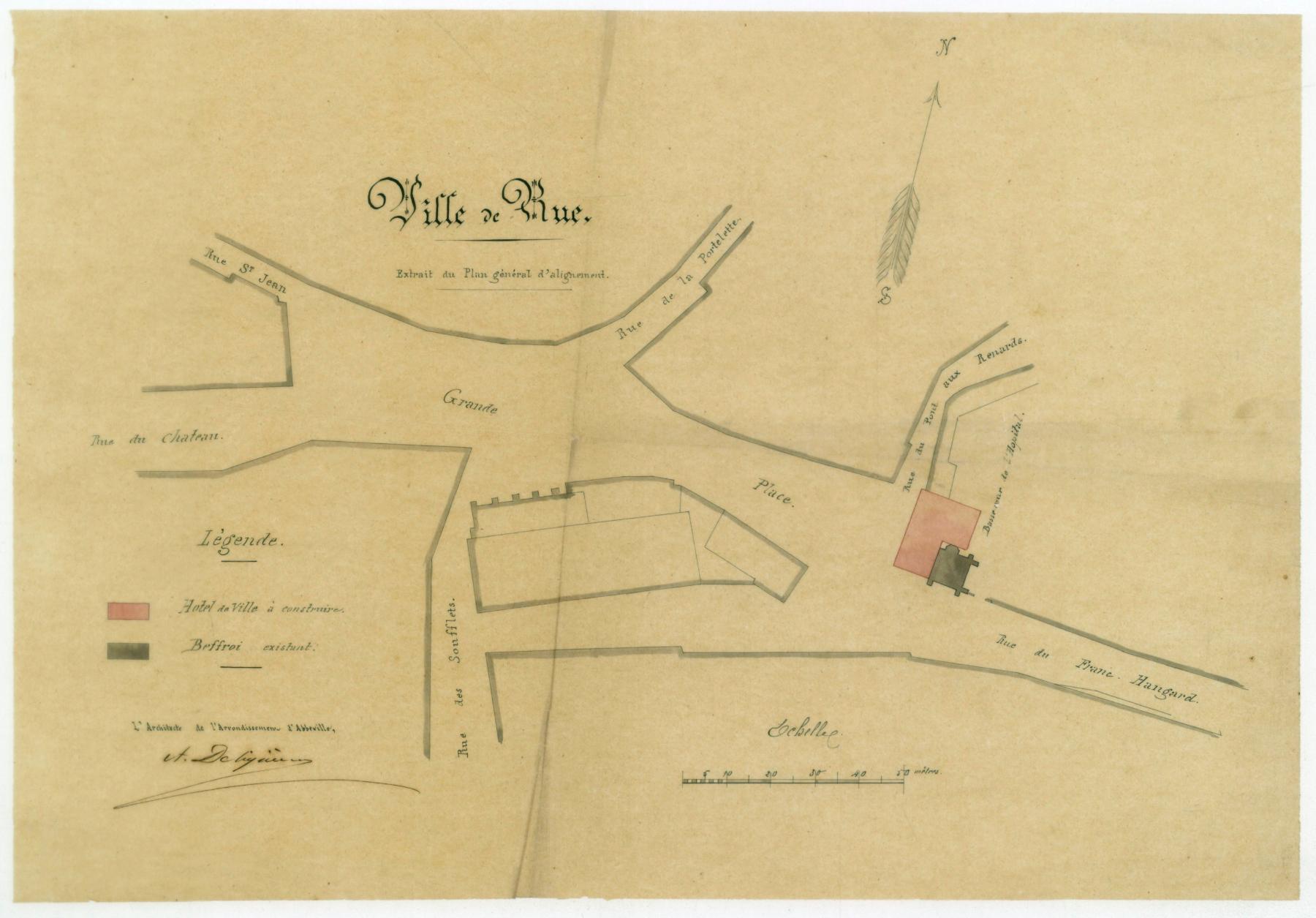 Plan de l'hôtel de ville à construire et du beffroi existant, extrait du Plan général d'alignement de la ville de Rue. Encre sur calque. A. Delignière, [1868] (AC Rue ; n.c.).