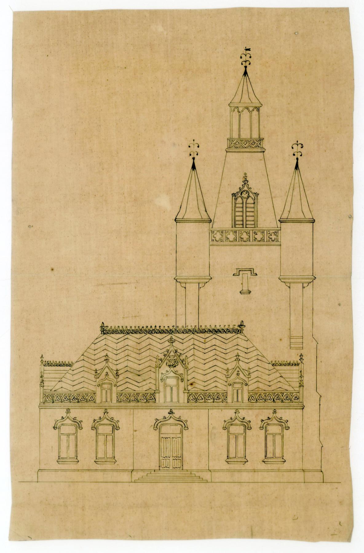 Élévation du beffroi et de l'hôtel de ville de Rue. Encre sur calque. A. Delignière, [1867] (AC Rue ; n.c.).