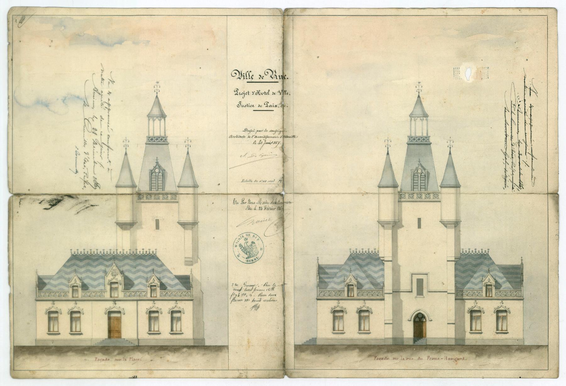 Projet réalisé de l'hôtel de ville, justice de paix. Élévation des façades sur la place et sur la rue du Franc-Hangard. Dessin à l'encre et aquarellé sur papier, A. Delignière, 20 juin 1867 (AC Rue ; n.c.).
