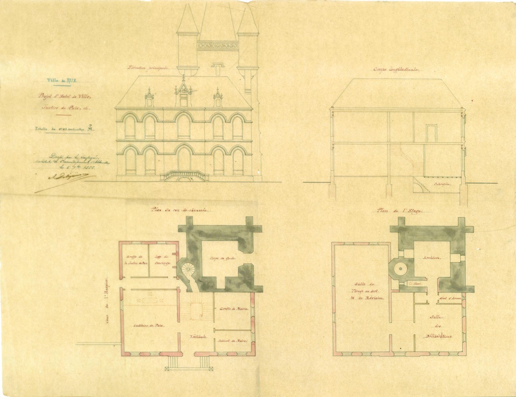 Plans, coupe et élévation du projet d'hôtel de ville, justice de paix de la ville de Rue [non réalisé]. Encres sur calque. A. Delignière, 5 septembre 1866 (AC Rue, n.c.).