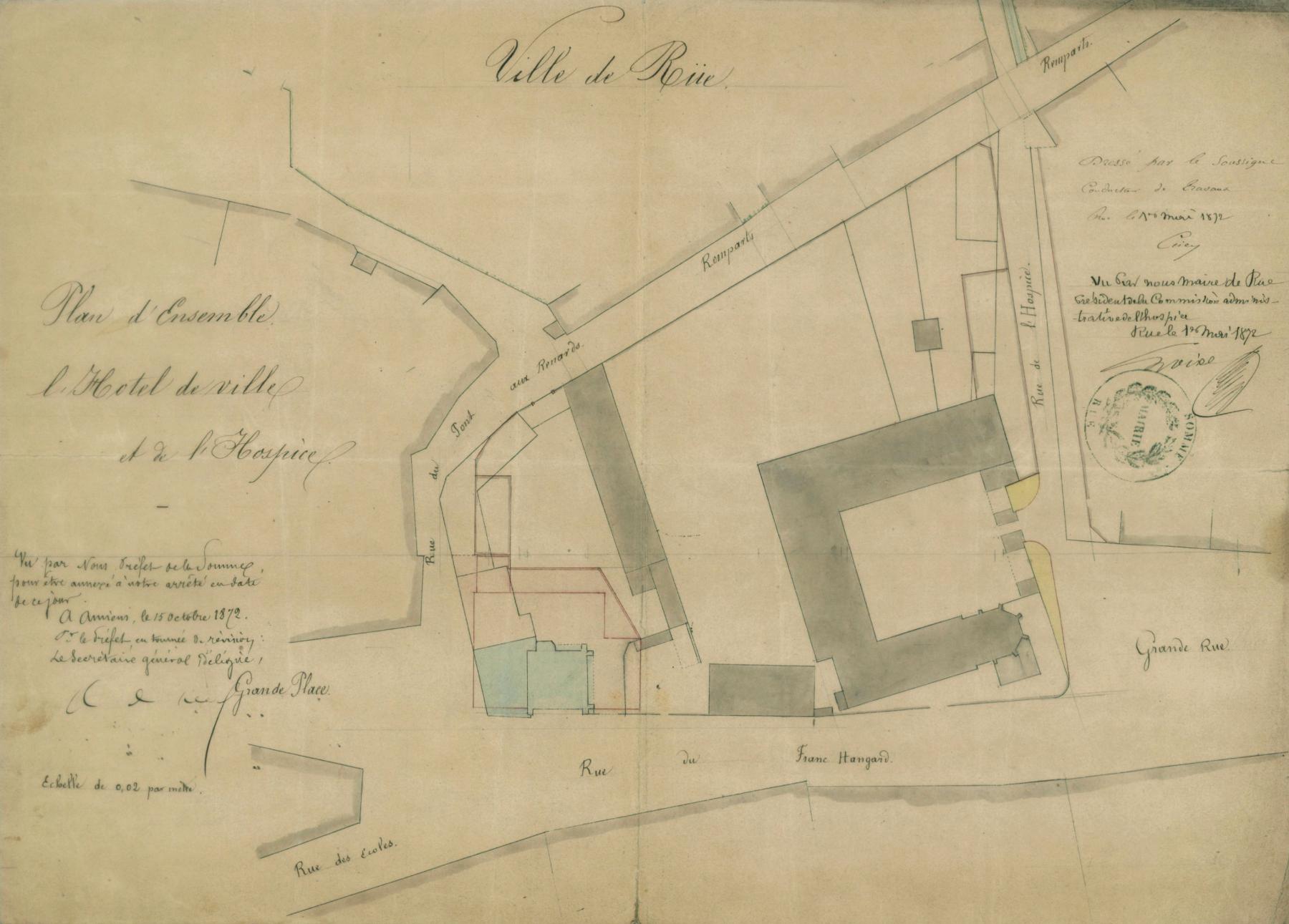 Plan d'ensemble de l'hôtel de ville et de l'hospice de Rue, dressé par Ceiey, 1er mai 1872 (AC Rue ; n.c.).