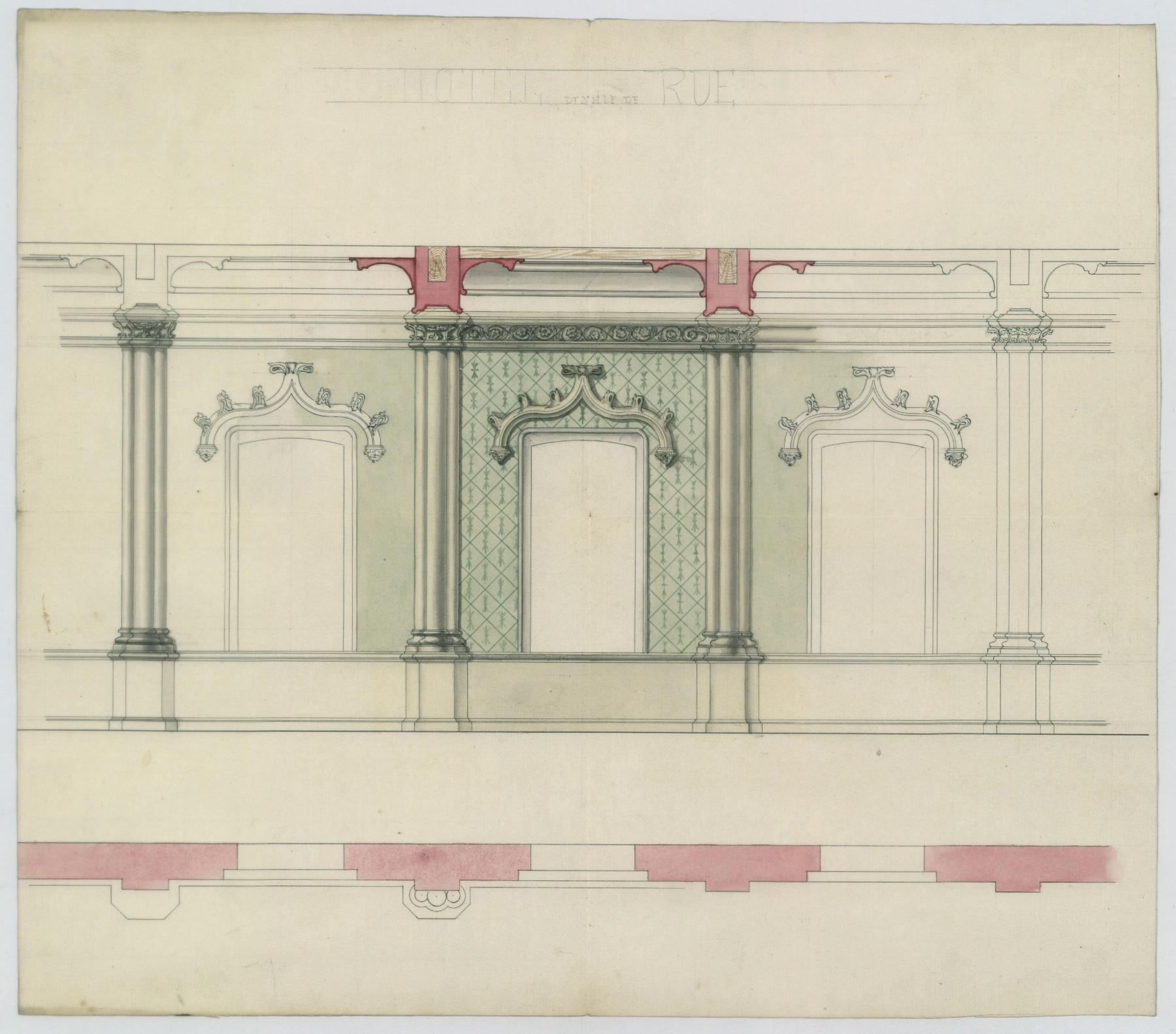 Projet de décor intérieur de la salle du Conseil et de justice de Paix de l'hotel de ville de Rue. Encre et lavis sur papier. A. Delignière, [1867] (AC Rue ; n.c.).