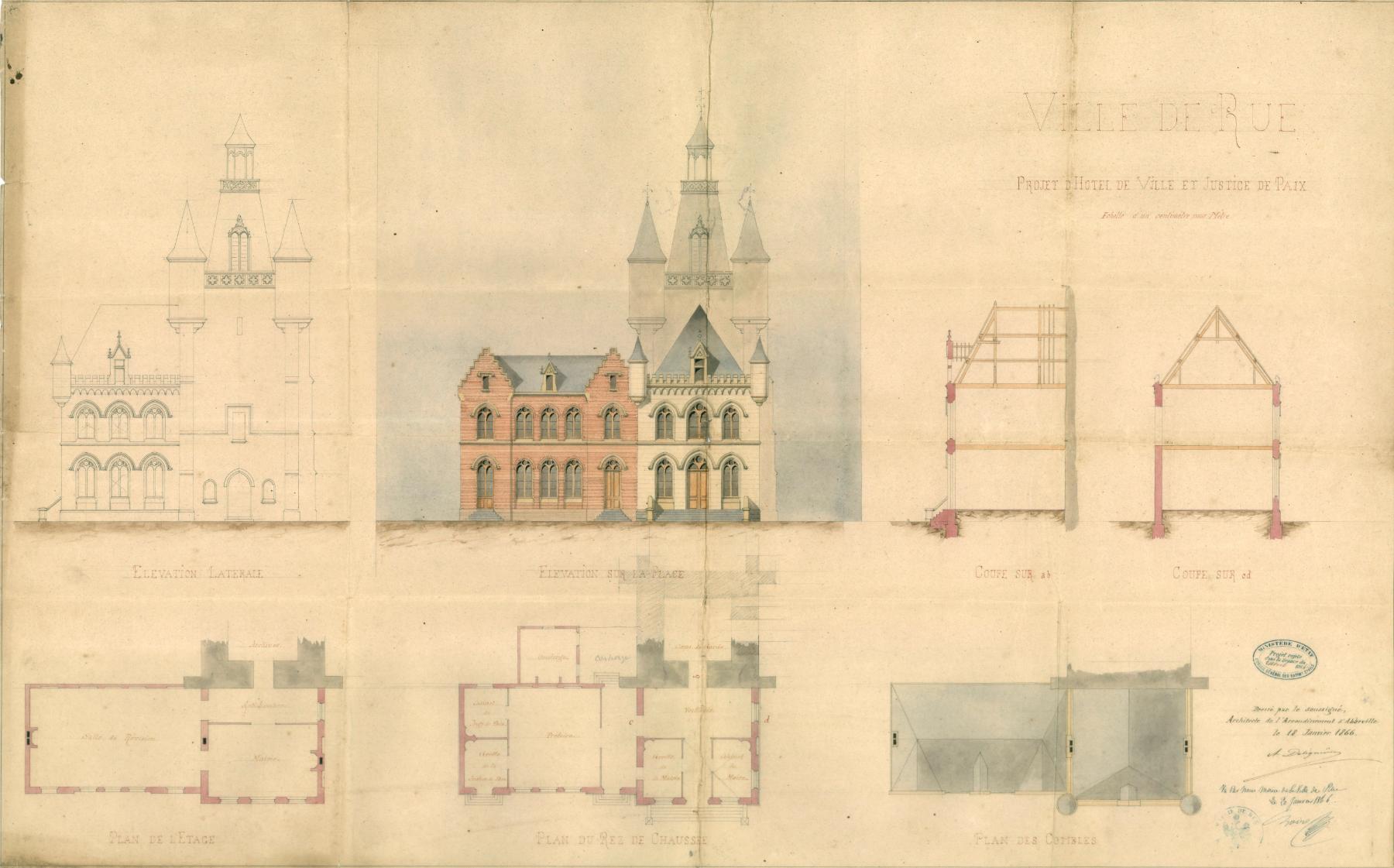 Projet [non réalisé] de l'hôtel de ville et de justice de Paix de la ville de Rue. Plans coupes et élévations. Encre et lavis sur papier. A. Delignière, architecte d'arrondissement, 8 janvier 1866 (AC Rue ; n.c.).