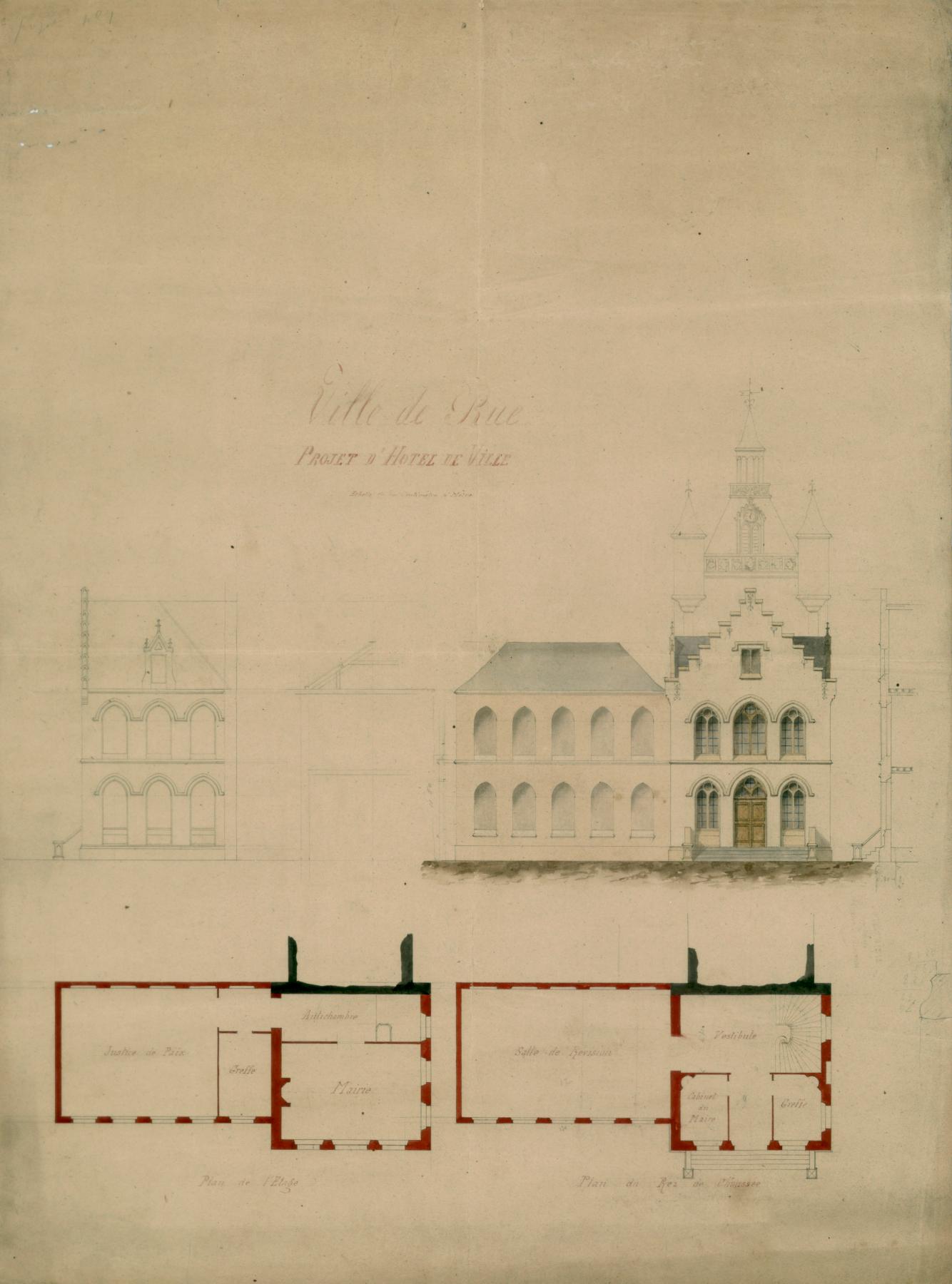 Projet [non réalisé] d'hôtel de ville de la ville de Rue, dans un style néo-flamand. Plans coupes et élévations. Encre et lavis sur papier, [1866] (AC Rue ; n.c.).
