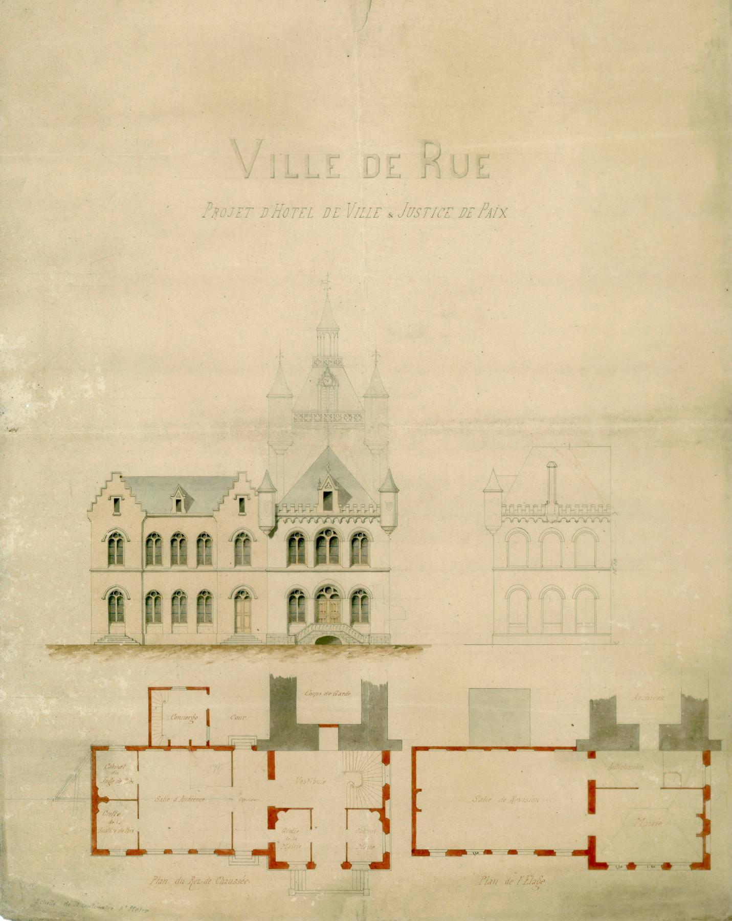Projet [non réalisé] d'hôtel de ville néo-flamand et justice de paix de la ville de Rue. Encre et lavis sur papier. A. Delignière, [1867] (AC Rue ; n.c.).