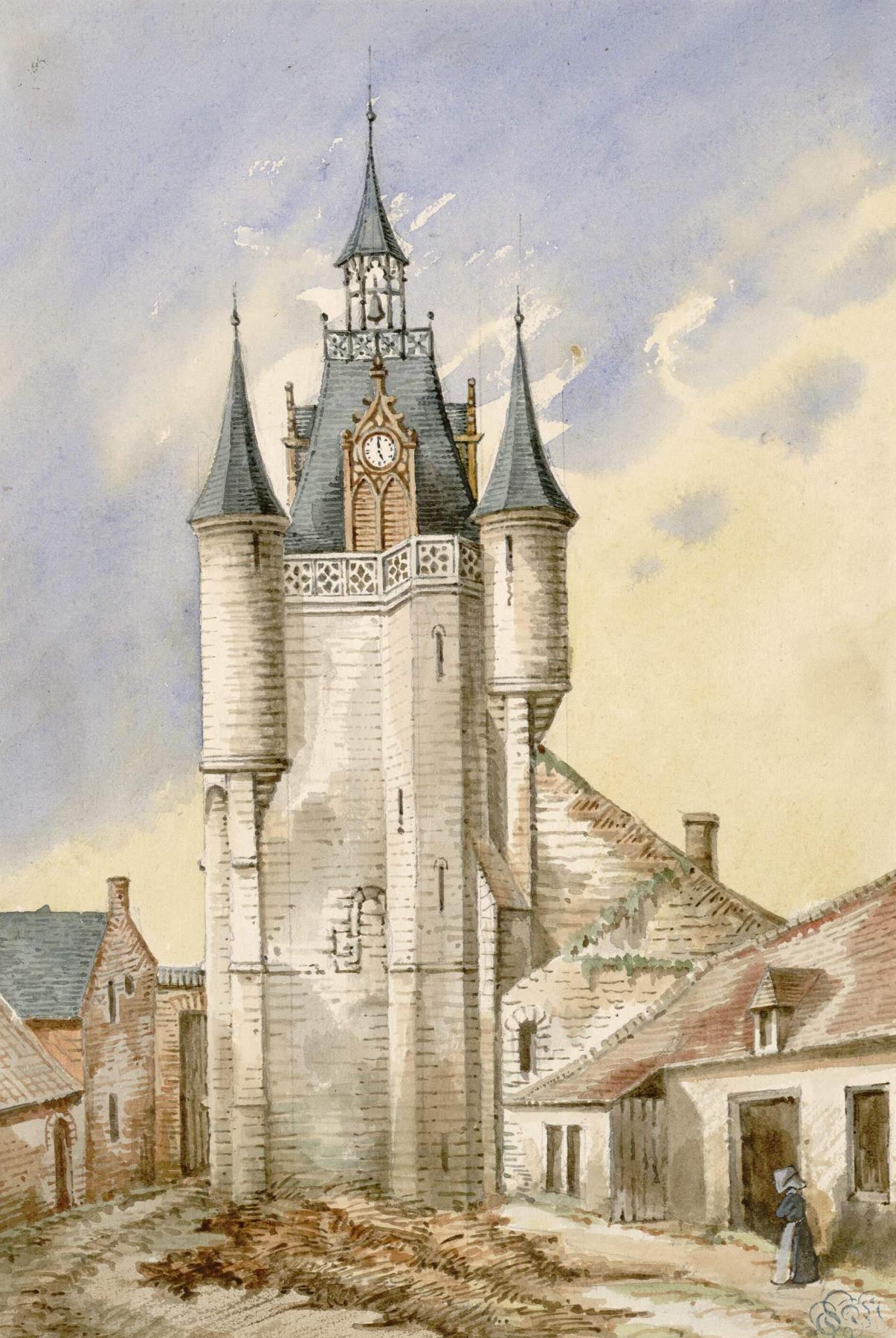 Le beffroi de Rue restauré, vue prise l'une des cours de l'Hôtel-Dieu, aquarelle, par Oswald Macqueron, d'après nature, 18 octobre 1854 (Archives et Bibliothèque patrimoniale d'Abbeville ; Rue 66).