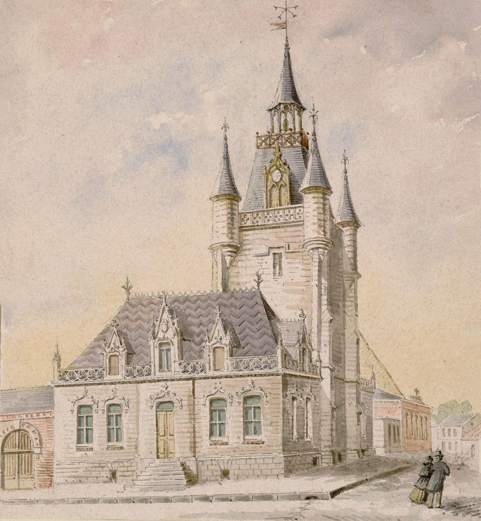 La mairie et le beffroi de Rue, peint d'après nature par Oswald Macqueron, 23 mai 1872 (Archives et Bibliothèque patrimoniale d'Abbeville ; Rue 67).