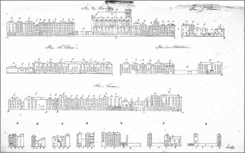 Elévations sur les rues du Pontiffroy, Saint-Clément, des Bénédictins et Vincentrue (ilot n°9, figure 1).