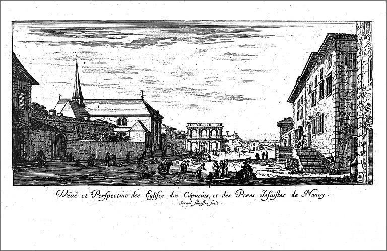 Représentation d'une partie des bâtiments au milieu du 17e siècle (le couvent des capucins se trouve en retrait de la rue, à gauche de l'église figurée qui est celle du noviciat des jésuites).