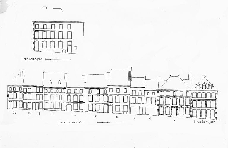 En haut : maison 1, rue Saint-Jean, élévation antérieure. En bas : maisons 2 à 20, place Jeanne d'Arc, élévation antérieures.