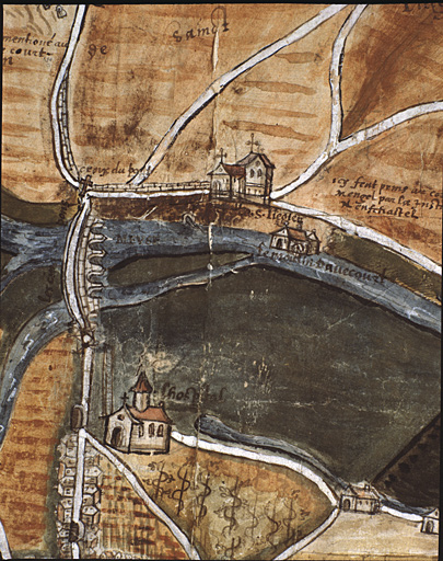 Carte de Neufchâteau et des environs. Détail : l'hôpital, le pont sur la Meuse, l'ermitage Saint-Léger et le moulin 'Danecourt'.