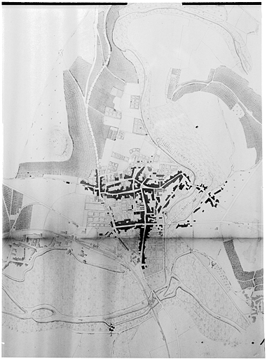 Plan de la ville et de ses principaux bâtiments. Détail : partie centrale ville de Neufchâteau.