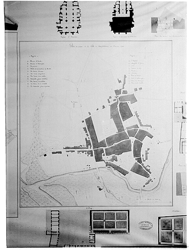 Plan de la ville et de ses principaux bâtiments. Détail partie droite : 'Plan de masse de la Ville de Neufchâteau en l'année 1764'.