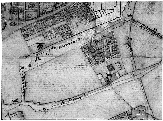 Carte topographique de la ville de Neufchateau et de ses environs.... Détail de la ville : le couvent des Carmélites (I) rue Neuve.