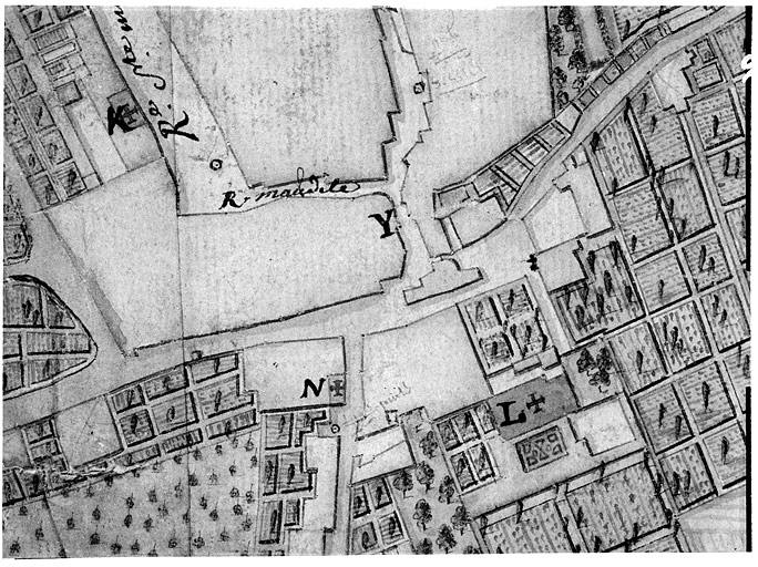 Carte topographique de la ville de Neufchateau et de ses environs.... Détail de la ville : la porte d'Allemagne (Y) rue Neuve.