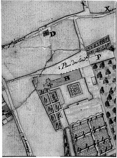 Carte topographique de la ville de Neufchateau et de ses environs.... Détail de la ville : le couvent des Cordeliers (H).