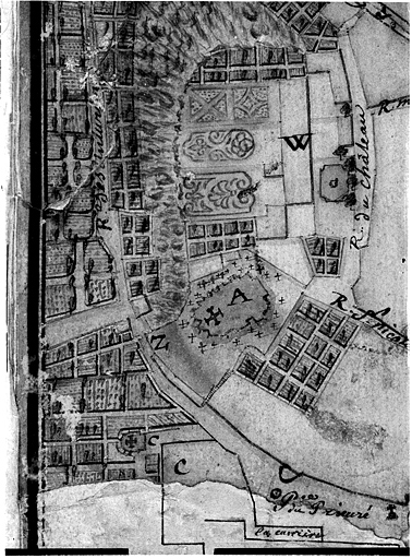 Carte topographique de la ville de Neufchateau et de ses environs.... Détail de la ville : le château (W), l'église Saint-Nicolas (A), le Prieuré (C).