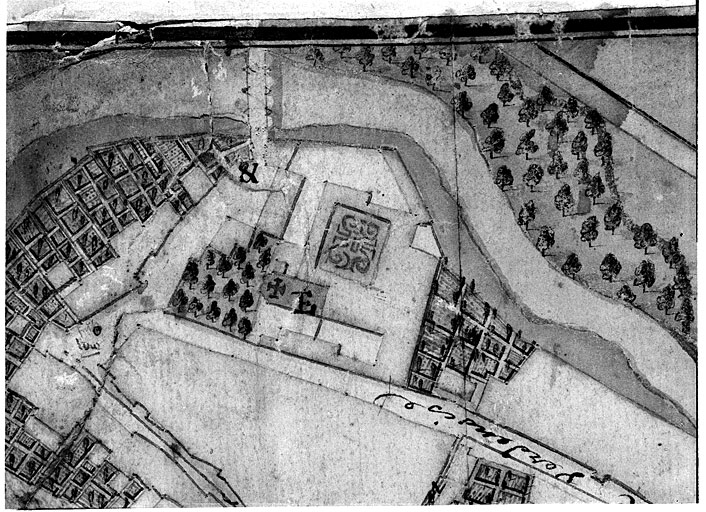 Carte topographique de la ville de Neufchateau et de ses environs.... Détail de la ville : le couvent des Clarisses (E).