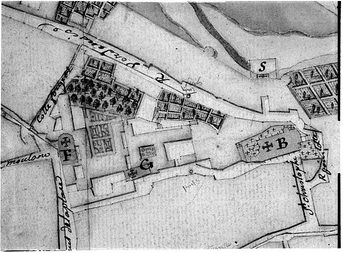 Carte topographique de la ville de Neufchateau et de ses environs.... Détail de la ville : les couvents des Augustines (F), des Annonciades (G), et l'église Saint-Christophe (B).