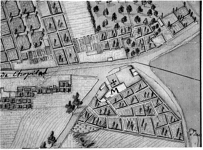 Carte topographique de la ville de Neufchateau et de ses environs.... Détail de la ville : l'hôpital du Saint-Esprit (M).