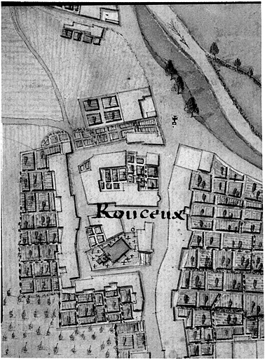 Carte topographique de la ville de Neufchateau et de ses environs.... Détail de la partie à gauche de la légende : Rouceux vue rapprochée.