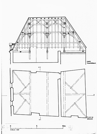 Corps principal, charpente, plan et coupe transversale