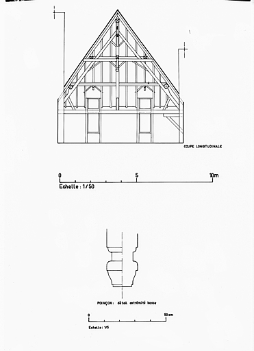 Corps principal, charpente, coupe longitudinale, détail : extrémité inférieure d'un poinçon