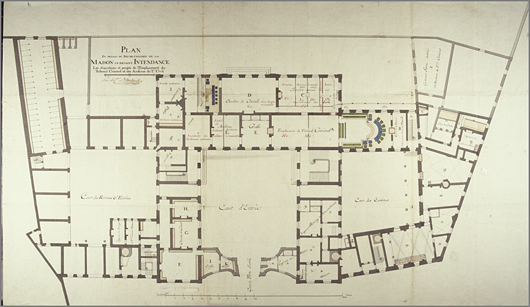 Projet d'implantation des tribunaux dans l'ancienne Intendance (1800) : rez-de-chaussée.