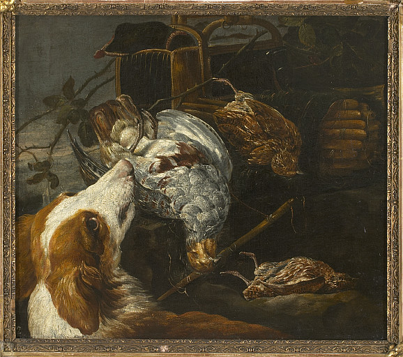 Tableau n° 4 : nature morte avec perdrix et chien de chasse