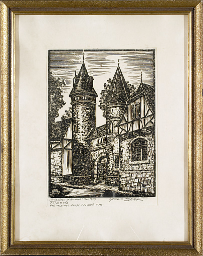 Gravure n° 2 : monogramme / légende : le château St Hubert 1901-1907 / Forbach bois original tirage à la main n° 101 / signature.