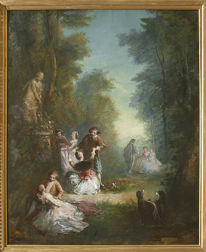 Paire de tableaux n° 26 : scènes galantes dans le style de Watteau