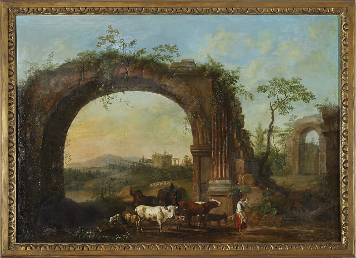 Paire de tableaux n° 9 : paysages italiens avec ruines antiques