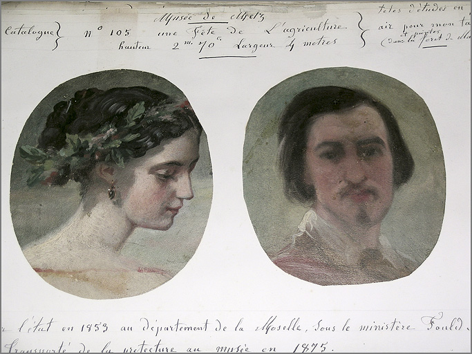 Musée de Metz / Extrait du catalogue : n° 105 'Une Fête de l'Agriculture hauteur = 2 m 70 largeur = 4 m : têtes d'étude en plein air pour mon tableau et peintes (dans la forêt de Marly), vue rappochée.'