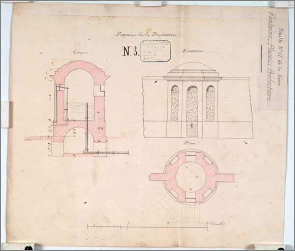 'Fontaine, place de la préfecture' (s. d.) : plan, coupe et élévation de la fontaine rétablie en 1807.