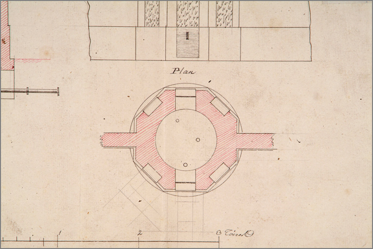 'Fontaine, place de la préfecture' (s. d.) : détail du plan de la fontaine rétablie en 1807.