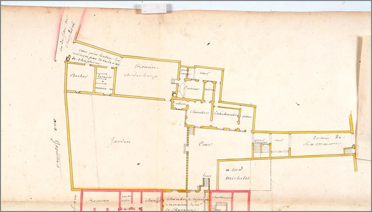 Plan de l'ancienne Intendance de la rue Tête d'Or (s. d.), détail de la maison donnant sur la Chapellerue par une impasse (retombe).