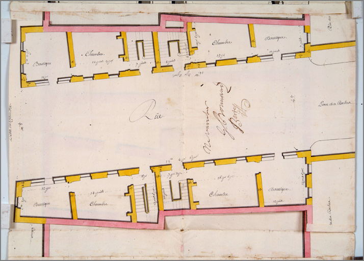 Projet de percement de la rue du Pont des Roches (vers 1739) : détail du plan de la nouvelle rue et des maisons reconstruites.