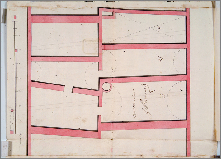 Projet de percement de la rue du Pont des Roches (vers 1739) : détail de la rue des Roches avant le percement (retombe).